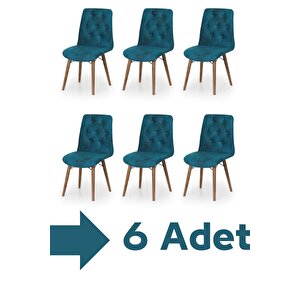 6 Adet Bank Serisi Nubuk Kumaş Ahşap Gürgen Ayaklı Yemek Odası Sandalyesi Mavi