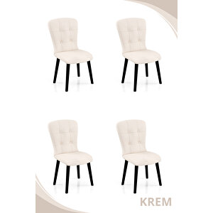 4 Adet Safir Serisi Babyface Kumaş Siyah Ahşap Gürgen Ayaklı Mutfak Sandalyeleri Krem