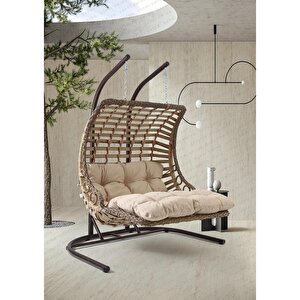 Bodrum Double Çiftli Rattan Bahçe Balkon Salıncağı Cappuccino