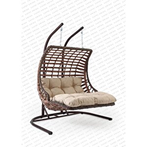 Bodrum Double Çiftli Rattan Bahçe Balkon Salıncağı Açık Kahve