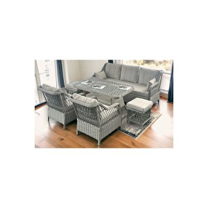 Petra Rattan 3 1 1 masa ve 2 Puf Bahçe Balkon Mobilyası, Vizon