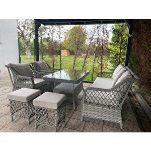 Petra Rattan 3 1 1 masa ve 2 Puf Bahçe Balkon Mobilyası, Vizon