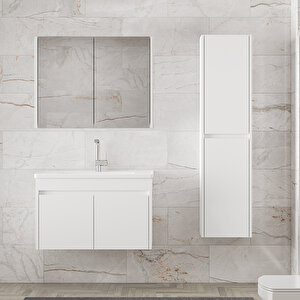 Beyaz 80 Cm + 35 Cm Mdf-boy Dolaplı Seramik Lavabolu Banyo Dolabı Takımı