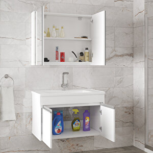 Visente-Ea Beyaz 80 Cm Mdf-Ayna Dolaplı, Seramik Lavabolu Banyo Dolabı Takımı