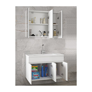Viola3-Beyaz 100 Cm Mdf-Aynalı Seramik Lavabolu Banyo Dolabı Takımı