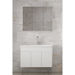 Viola3-Beyaz 100 Cm Mdf-Aynalı Seramik Lavabolu Banyo Dolabı Takımı