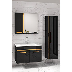 Yeni Gold Siyah 65 cm + 35 Cm Boy Dolaplı Seramik Lavabolu Banyo Dolabı Takımı-Mdf