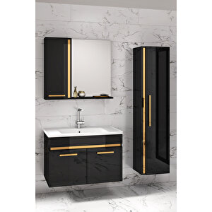 Yeni Gold Siyah 65 Cm + 35 Cm Boy Dolaplı Seramik Lavabolu Banyo Dolabı Takımı-mdf