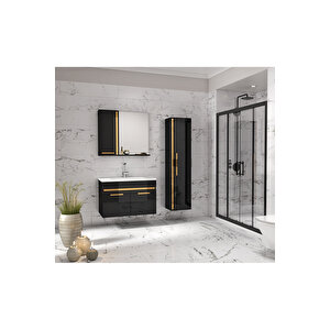 Yeni Gold Siyah 65 Cm + 35 Cm Boy Dolaplı Seramik Lavabolu Banyo Dolabı Takımı-mdf