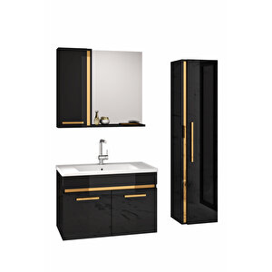 Yeni Gold Siyah 65 Cm + 35 Cm Boy Dolaplı Seramik Lavabolu Banyo Dolabı Takımı-mdf