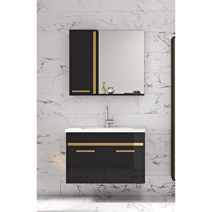 Yeni Gold Siyah 65 Cm Aynalı, Seramik Lavabolu Banyo Dolabı Takımı
