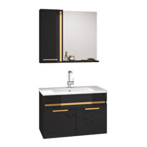 Yeni Gold Siyah 65 Cm Aynalı, Seramik Lavabolu Banyo Dolabı Takımı