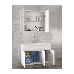 Viola3 Beyaz 80 Cm Mdf-Aynalı Banyo Dolabı-Seramik Lavabolu Banyo Dolabı