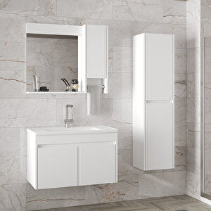 Estella-Oa Beyaz 80 cm + 35 Cm Mdf-Aynalı Boy Dolaplı-Lavabolu Banyo Dolabı