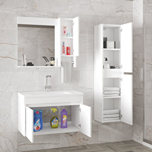 Estella-Oa Beyaz 80 cm + 35 Cm Mdf-Aynalı Boy Dolaplı-Lavabolu Banyo Dolabı