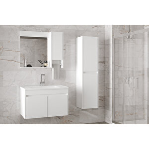 Estella-oa Beyaz 80 Cm + 35 Cm Mdf-aynalı Boy Dolaplı-lavabolu Banyo Dolabı
