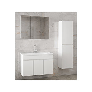 Viola 3-Beyaz 100 Cm + 35 Cm Mdf-Ayna Dolaplı-Seramik Lavabolu Banyo Dolabı Takımı