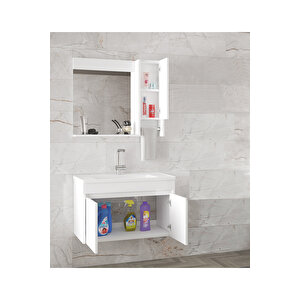Estella Oa-Beyaz-65 Cm Mdf-Ayna Dolaplı, Seramik Lavabolu Banyo Dolabı Takımı