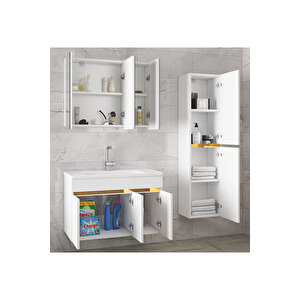 Viola3-s Beyaz 100 cm +  35 Cm Mdf-Aynalı Seramik Lavabolu Banyo Dolabı Takımı-Mdf