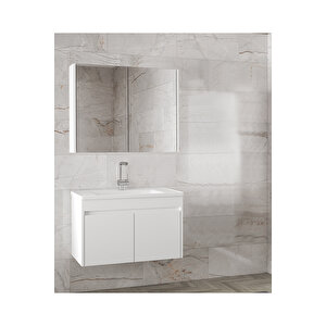 Estella-Ea Beyaz 80 Cm Mdf-Ayna Dolaplı, Seramik Lavabolu Banyo Dolabı Takımı