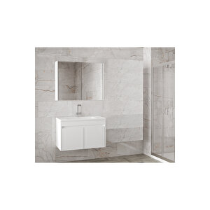 Estella-Ea Beyaz 80 Cm Mdf-Ayna Dolaplı, Seramik Lavabolu Banyo Dolabı Takımı