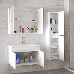 Estella-Ea Beyaz 80 cm +35 Cm Mdf-Aynalı Boy Dolaplı-Seramik Lavabolu Banyo Dolabı