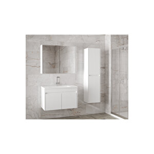 Estella-Ea Beyaz 80 cm +35 Cm Mdf-Aynalı Boy Dolaplı-Seramik Lavabolu Banyo Dolabı