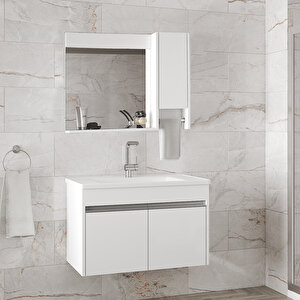 Visente-Oa Beyaz 80 Cm Mdf-Ayna Dolaplı, Seramik Lavabolu Banyo Dolabı Takımı