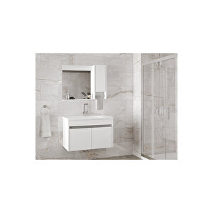 Visente-oa Beyaz 80 Cm Mdf-ayna Dolaplı, Seramik Lavabolu Banyo Dolabı Takımı