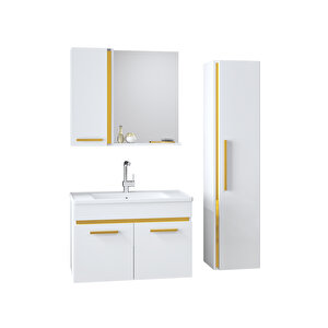 Yeni Gold Beyaz 65 Cm + 35 Cm Boy Dolaplı Seramik Lavabolu Banyo Dolabı Takımı