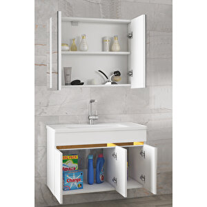 Viola3 S-Beyaz 80 Cm Mdf Ayna Dolaplı-Seramik Lavabolu Banyo Dolabı