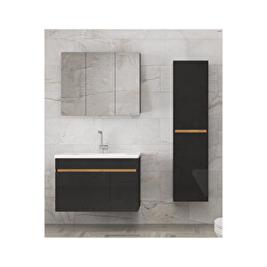 Viola3-S Siyah 100 cm + 35 Cm Mdf-Aynalı Seramik Lavabolu Banyo Dolabı Takımı