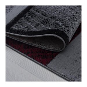 Modern Desenli Halı Kareli Ve Kum Taramalı Motif Siyah Gri Kırmızı 80x150 cm