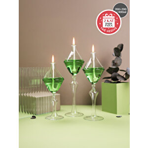 Glassic Love Yeşil Cam Kandil (3 Adet Cam Kandil - 200 Ml Kandil Yağı + 3 Adet Kandil Fitili)