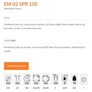 Emes Em02 Spr 150 Sabit Maşalı Frensiz Teker 150 Mm 130 Kg