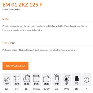 Emes Em01 Zkz 125f Döner Tablalı Frenli Kemik Teker 125 Mm 160 Kg