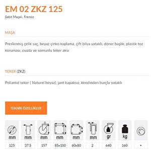 Emes Em02 Zkz 125 Sabit Maşalı Frensiz Kemik Teker 125 Mm 160 Kg