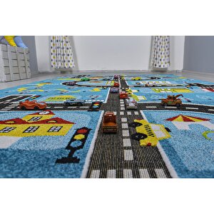 3 Boyutlu Mavi Trafik Arabalı Dokuma Çocuk Oyun Halısı 80x150 cm