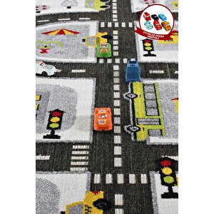 3 Boyutlu Beyaz Trafik Arabalı Dokuma Çocuk Oyun Halısı 100x300 cm