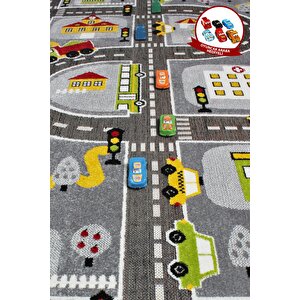 3 Boyutlu Gri Trafik Arabalı Ana Okulu Kreş Halısı Dokuma Çocuk Oyun Halısı 120x170 cm