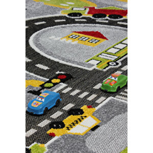 3 Boyutlu Gri Trafik Arabalı Ana Okulu Kreş Halısı Dokuma Çocuk Oyun Halısı 120x170 cm