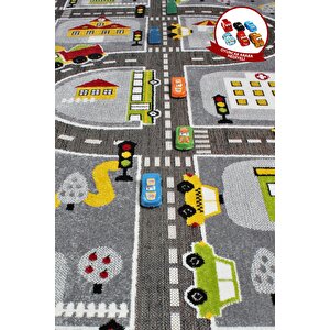 3 Boyutlu Gri Trafik Arabalı Ana Okulu Kreş Halısı Dokuma Çocuk Oyun Halısı 80x300 cm