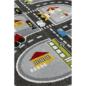 3 Boyutlu Gri Trafik Arabalı Ana Okulu Kreş Halısı Dokuma Çocuk Oyun Halısı 80x150 cm