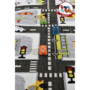 3 Boyutlu Beyaz Trafik Arabalı Dokuma Çocuk Oyun Halısı 160x230 cm