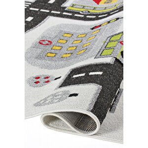 3 Boyutlu Beyaz Trafik Arabalı Dokuma Çocuk Oyun Halısı 160x230 cm