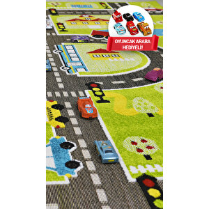 3 Boyutlu Yeşil Trafik Arabalı Dokuma Çocuk Oyun Halısı 200x290 cm