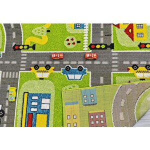 3 Boyutlu Yeşil Trafik Arabalı Dokuma Çocuk Oyun Halısı 200x290 cm