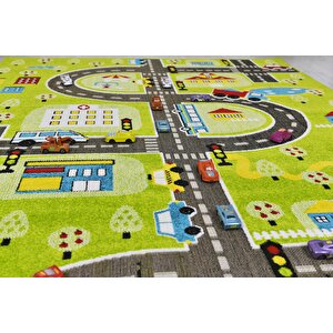 3 Boyutlu Yeşil Trafik Arabalı Dokuma Çocuk Oyun Halısı 200x290 cm
