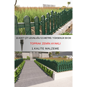 Dekoratif Plastik Bahçe ve Peyzaj Çiti 10 ADET ÇİT (Y: 50 CM / G: 5.5 M) TOPRAK AYAKLI - Yeşil Yeşil