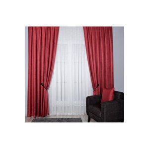 Hasır Dokulu Lüks Fon Perde Pilesiz Tek Kanat Açık Kırmızı 400x260 cm